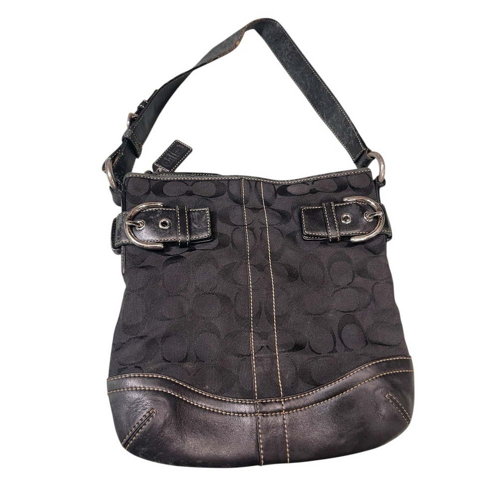 Coach Signature C Shoulder Bag Black Jacquard Leather Buckle Y2K Purse 3577